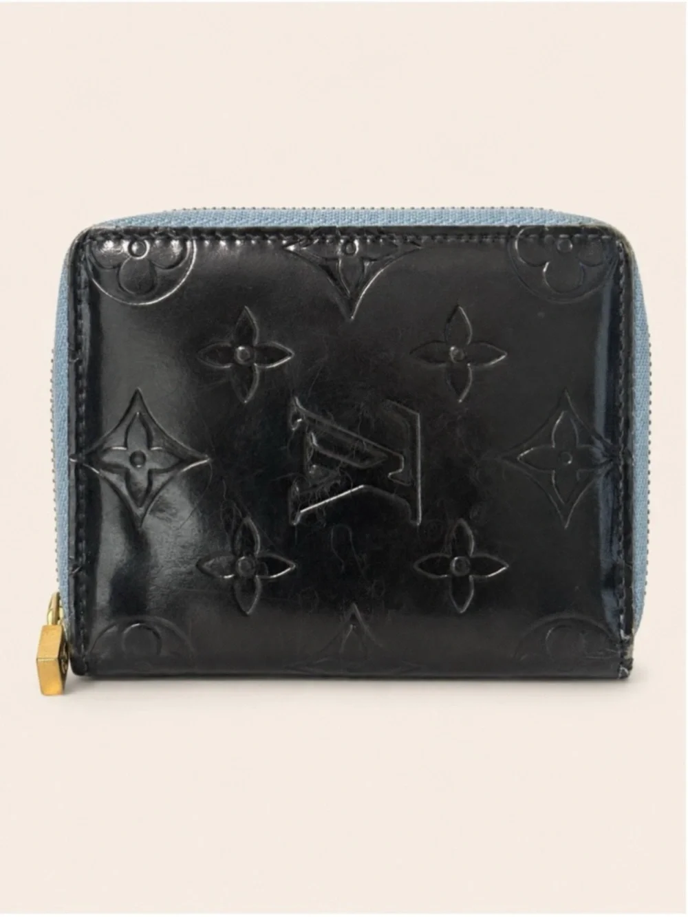 Louis Vuitton Black Monogram Vernis Zip Card Holder with Light Blue Trim